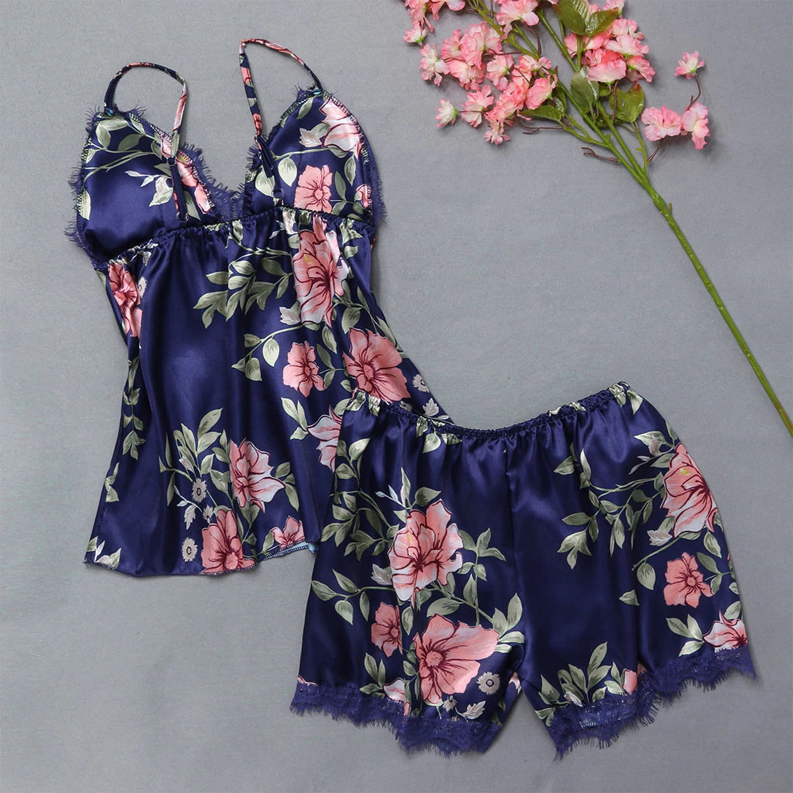 Women Pajama Suit Fashion V-Neck Stretch Satin Babydoll Lace Sexy Lingerie Bowknot Pyjamas Sleep Shorts Set Sleepwear New