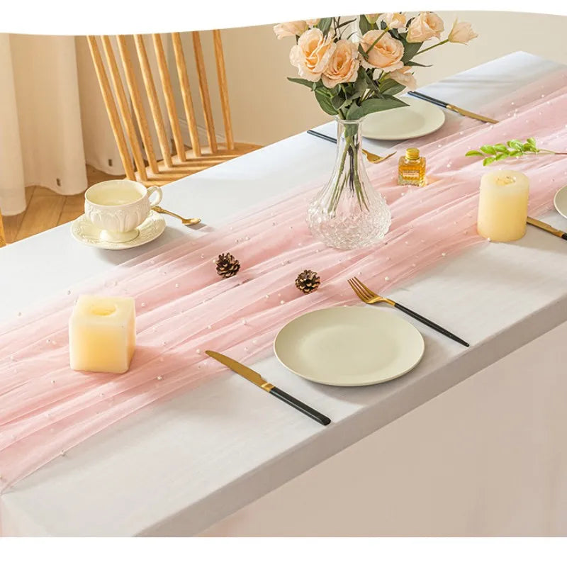 Pink Gauze Table Runner Romantic Pearl Mesh Tablecloth Wedding Dinning Table Cover Decoration Birthday Baby Shower Party Decor