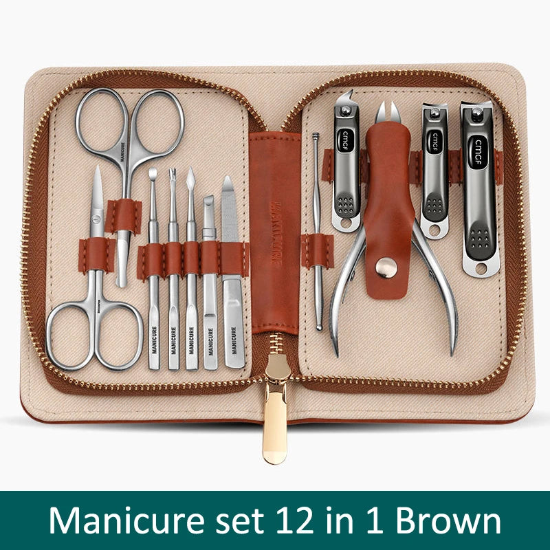 Manicure Set With Morandi Grey Top-Grade Full Grain Cow Leather Packaging Nail Clipper Kits Perfect Gift Friends Family