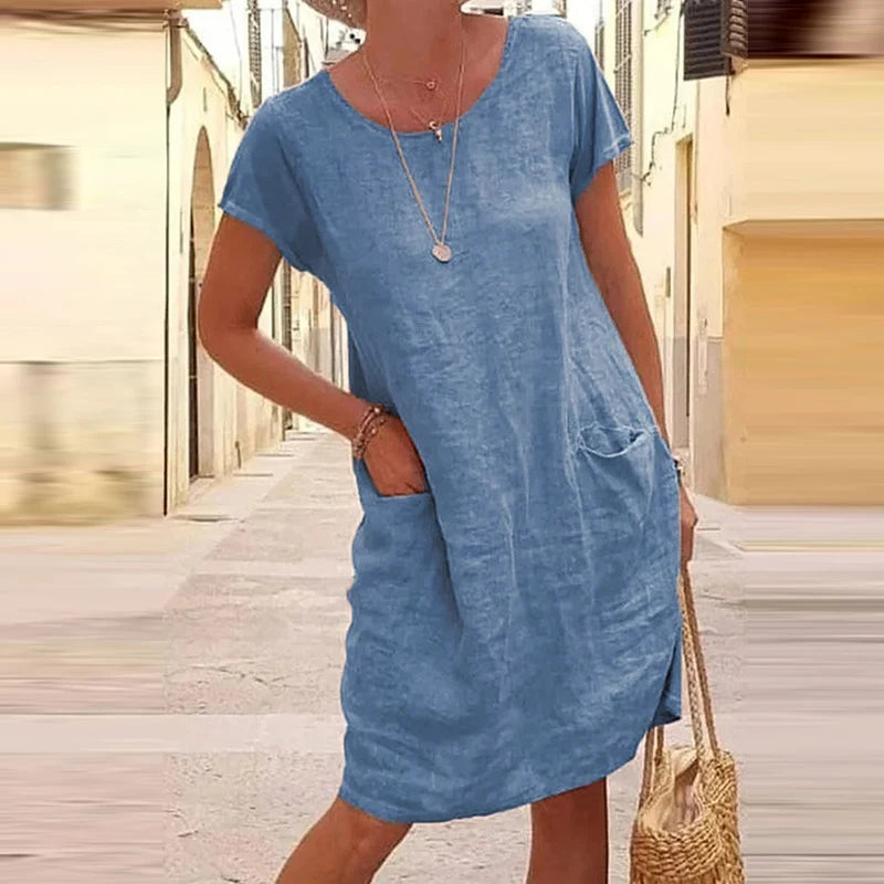 Women's Solid Color Large Pocket Loose Short Sleeved Dress for Summer Comfort