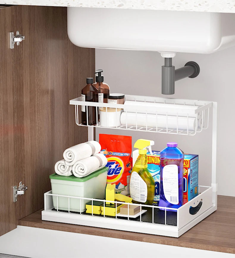 Under Sink 2 Tier Sliding Cabinet Basket Organizer Drawer Pull-Out Cabinet Organizer For Bathroom and Kitchen