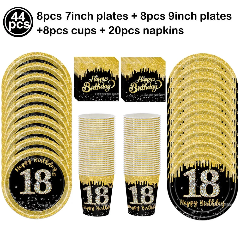 18th Birthday Decors for Boys Girls Black Gold Party Banner Balloon Tablecloth Plate Cup Napkin 18 Years Birthday Party Supplies