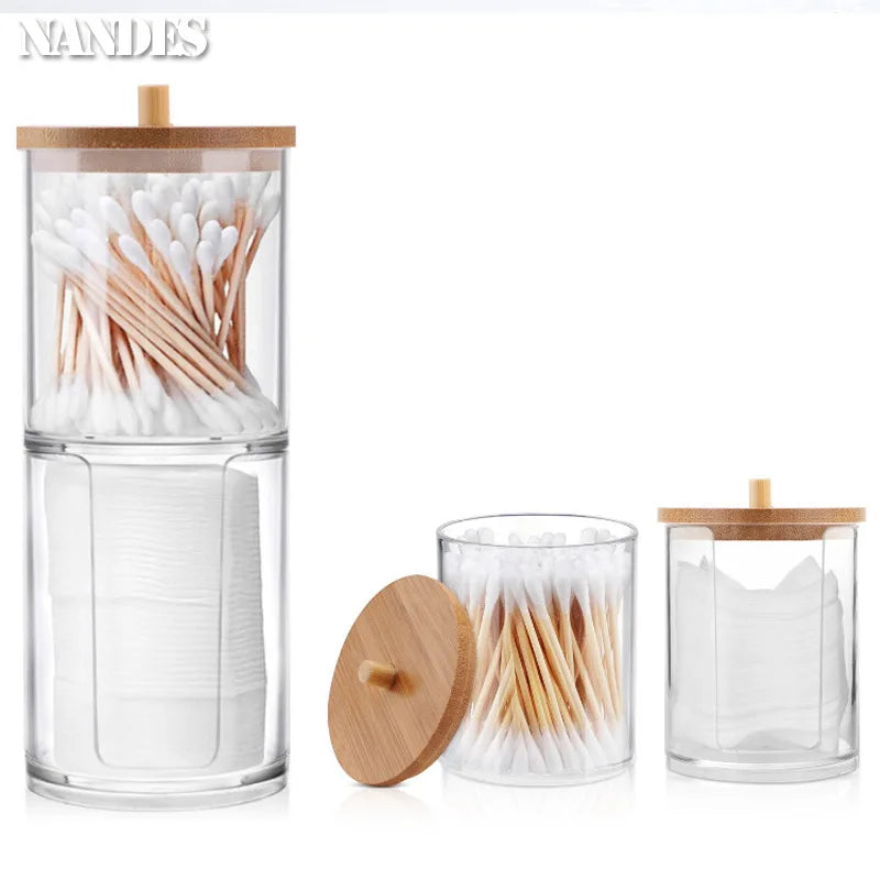 Acrylic Storage Box Bathroom Jar Makeup Organizer Cotton Round Pad Holder Cotton Holder Dispenser with Bamboo Lid Clear Plastic