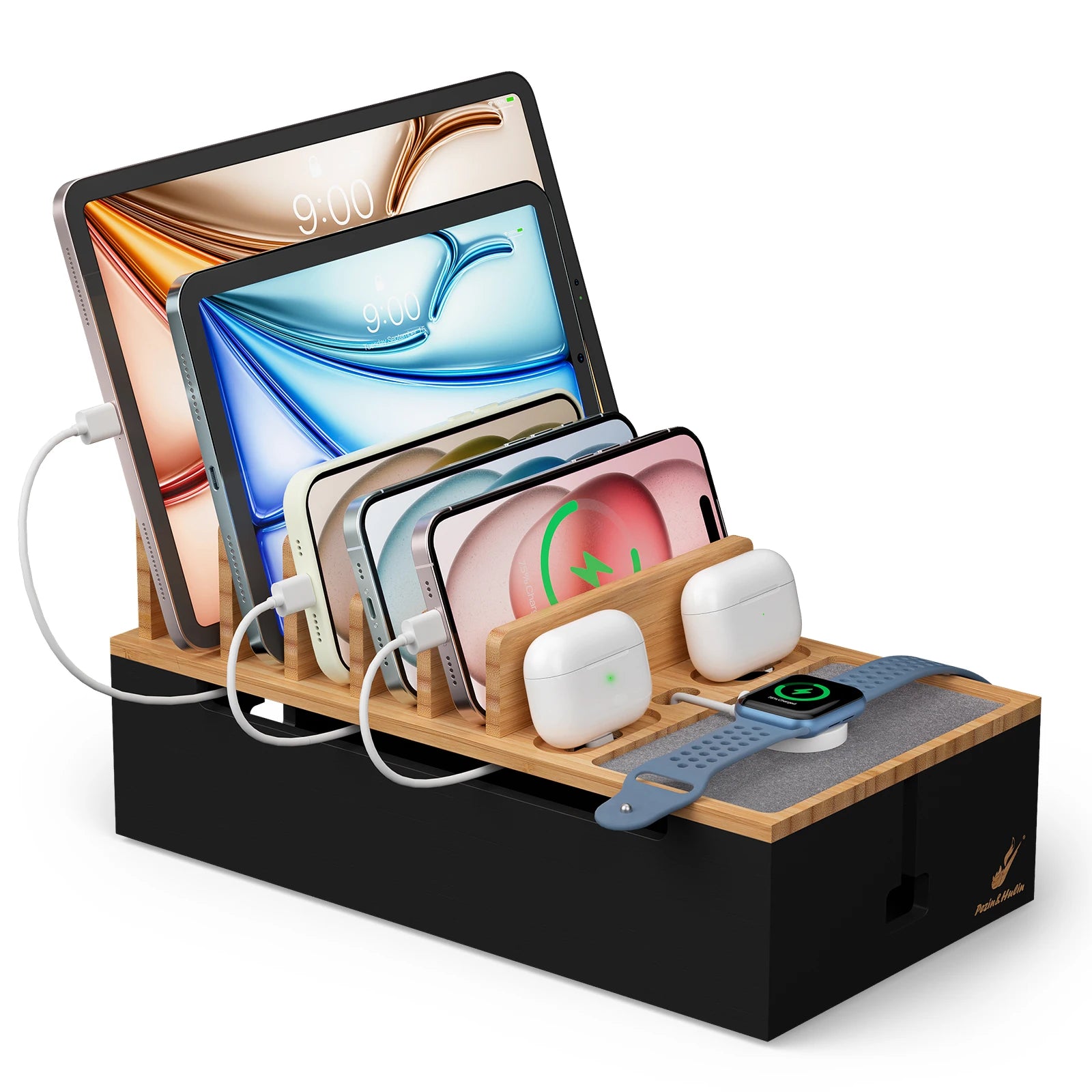 Bamboo Charging Station for Multiple Devices Charger Dock Holder Stand for Cell Phone and Tablet Electronic Devices Organizer