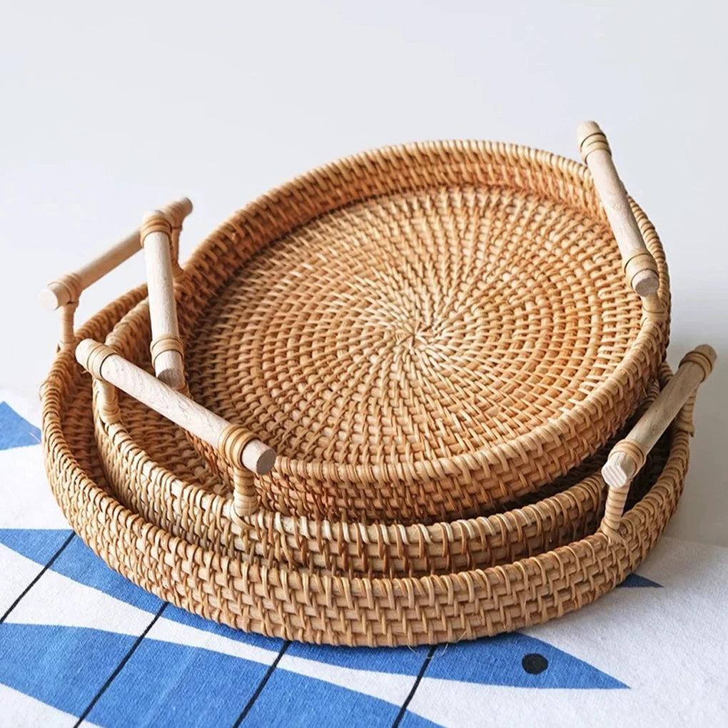 1PC Woven Rattan Storage Basket with Strap Handle round Tray for Bread Snacks Fruits Picnic - Home Organization Basket