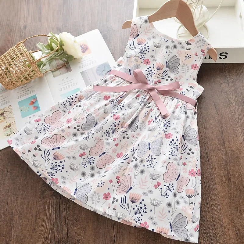 Summer New 3-7 Years Girls Vacation Casual Clothes Sleeveless Sweet Cute Print A-Line Dress 1 Pc Children Fashion Wear