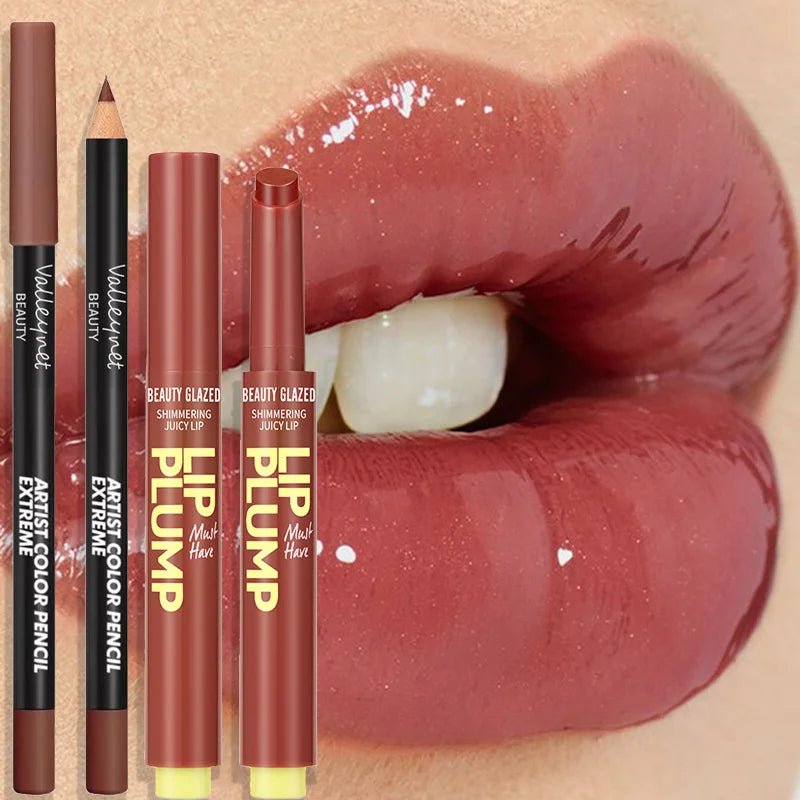 2 Pcs/Set Lip Combo Set Lipstick + Lip Liner Long Lasting Waterproof Easy To Apply Lipstick Set Glossy Lipstick Lip Makeup