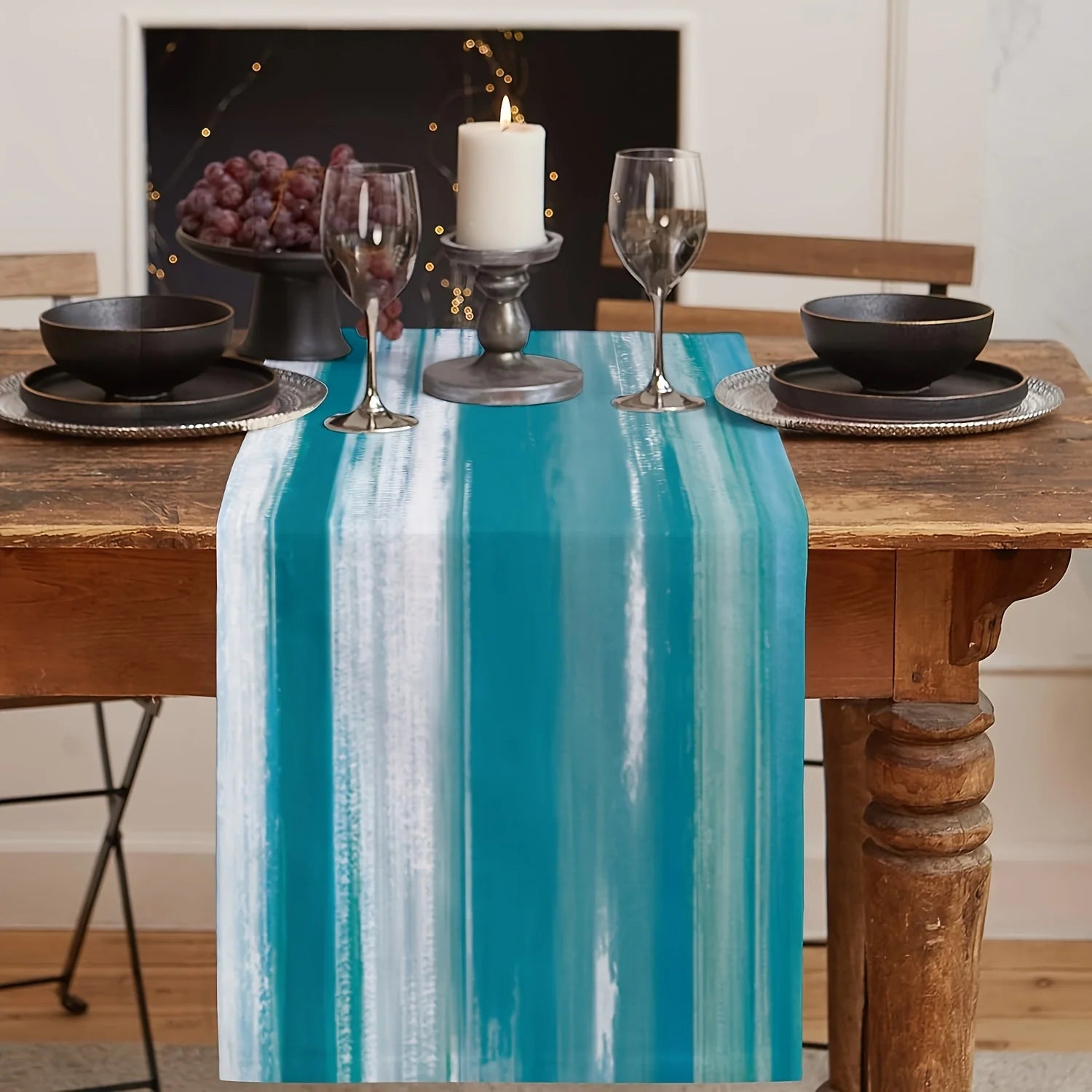 1 Piece of Ocean Style Table Runner with Turquoise Stripes Pattern, Perfect for Beach Theme Parties, Home Decoration, Summer Parties and Nautical Styles