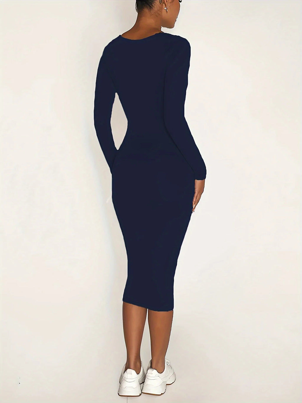 Womens Long Sleeve U-Neck Party Bodycon Midi Jumper Dress Stretch Winter Dresses