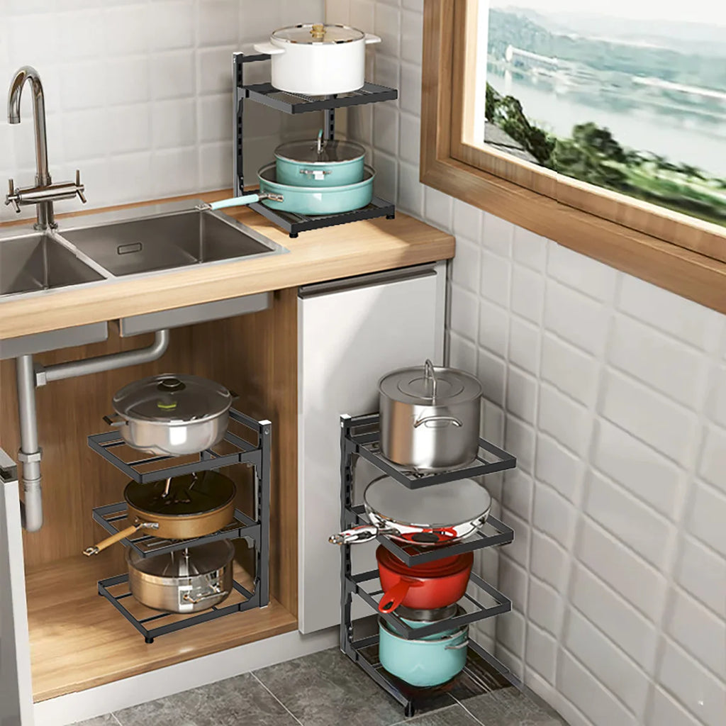 Kitchen Shelf Space-saving Kitchenware Storage Rack Adjustable Pot Rack 2-4 Tiers Under Sink/Corner Applicable