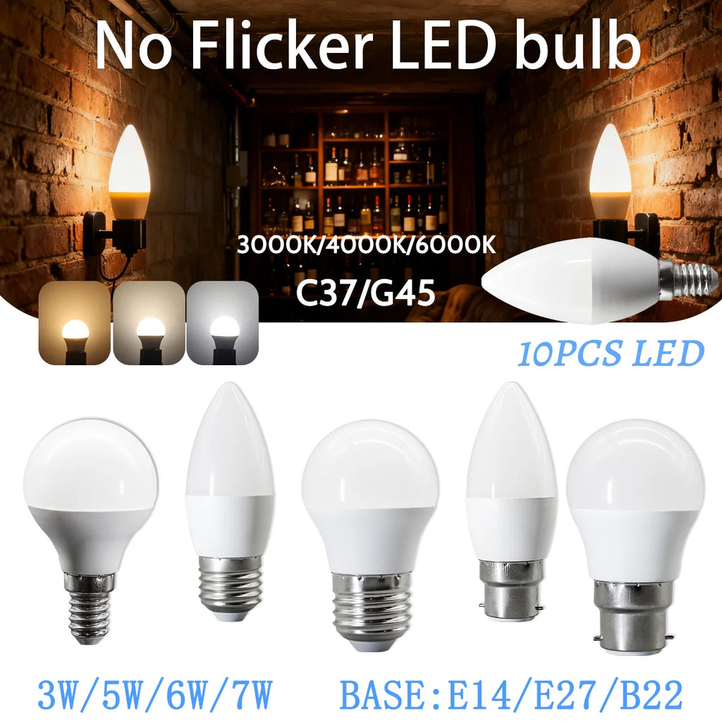 10PCS/LOT LED Candle Light Mini Bulb C37 G45 AC220V E14 E27 B22 Head Light Flicker-free 3W-7W Suitable for Home Study Lighting