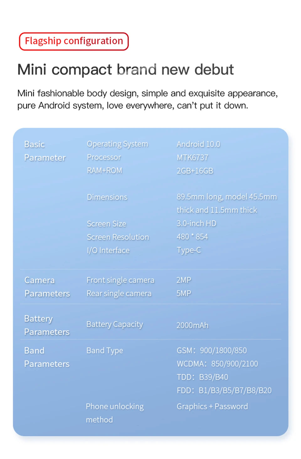 SOYES XS16 Mini Android10.0 Smartphone 4G Network 2GB RAM 16GB ROM 3" Display 5MP Camera Dual SIM With Play Store WhatsAPP