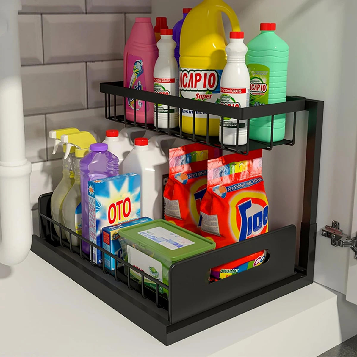 Carbon Steel Kitchen Shelf Double Space Saving Shelves Pull-out Design Countertop/Under Cabinet Dual Use