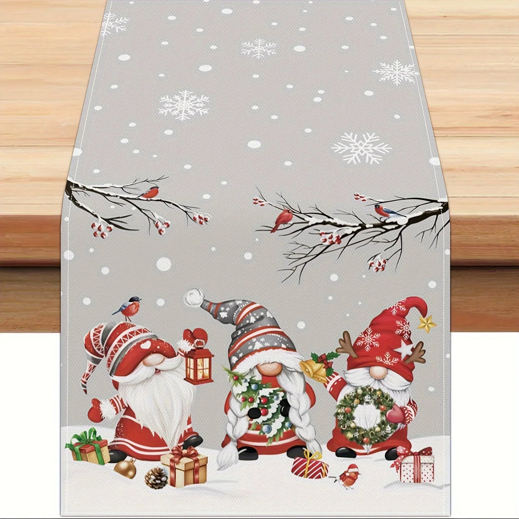 1 Piece of Christmas Gnome Themed Table Runner, Light Gray Background Painted with Snowmen, Snowflakes, Birds, Gift Patterns, Suitable for Christmas Parties, Family Dinners, Holiday Markets, Themed Cafes, Kidsren's Room Decor