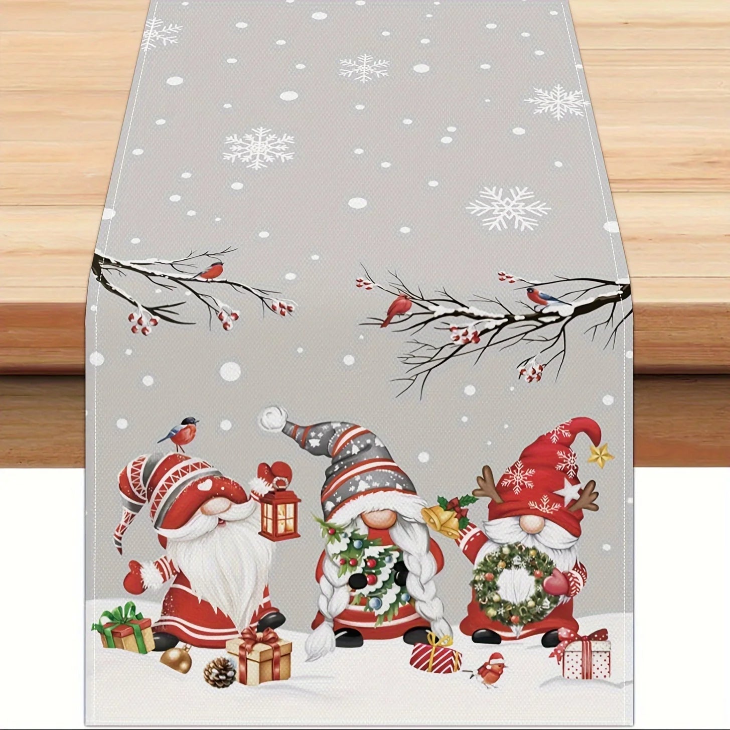 1 Piece of Christmas Gnome Themed Table Runner, Light Gray Background Painted with Snowmen, Snowflakes, Birds, Gift Patterns, Suitable for Christmas Parties, Family Dinners, Holiday Markets, Themed Cafes, Kidsren's Room Decor