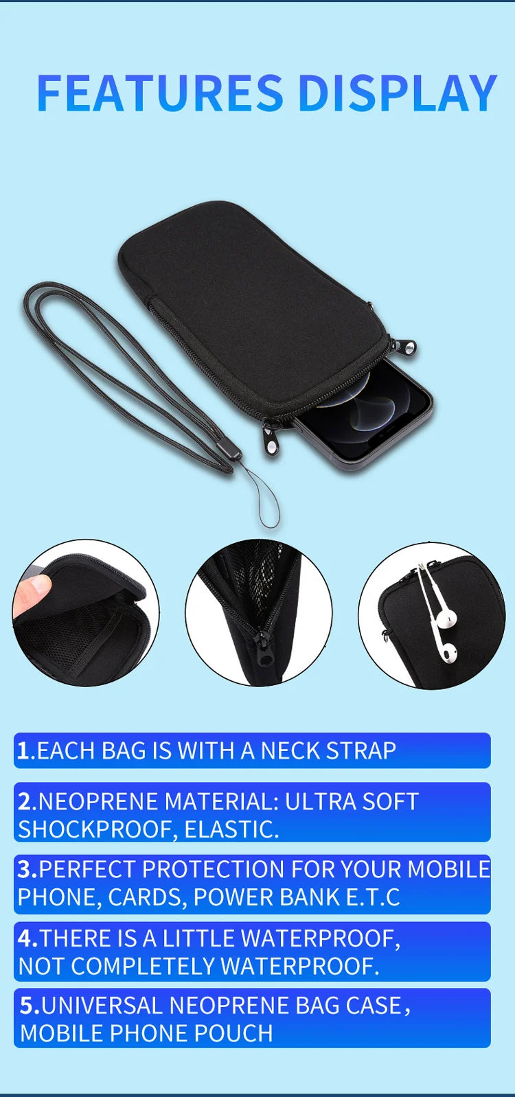 Universal Neoprene Zipper 4.7-7.2inch Mobile Phone Bag For iPhone Samsung Xiaomi Huawei Shockproof Cellphone Storage Bag