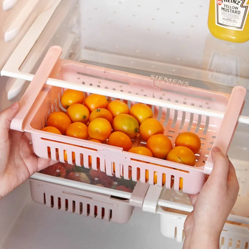 Expandable Kitchen Refrigerator Storage Rack Multifunctional Drawer Storage Basket with Drainage Function