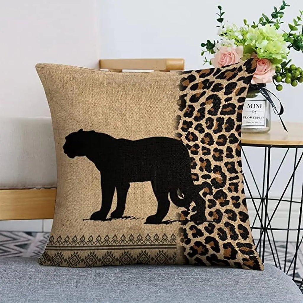 African Animal Outdoor Decorative Pillowcase 40*40cm Zebra Print and Leopard Print Linen Square Pad Set for Living Room Sofa