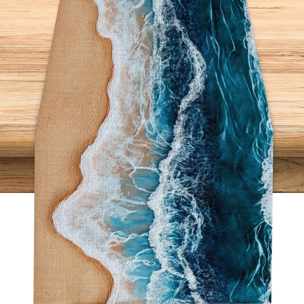 1 Piece Beach Theme Table Runner with Waves and Beach Patterns - Suitable for Home Decoration, Beach Party, Summer Party and Tropical Style Activities