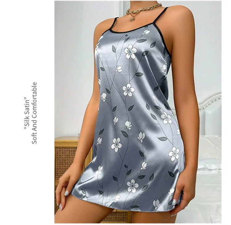 Women's Sleepwear Summer Floral Print Satin Nightgown Casual Sleeveless Backless Slip Night Dress Sexy Nightdress Home Clothes