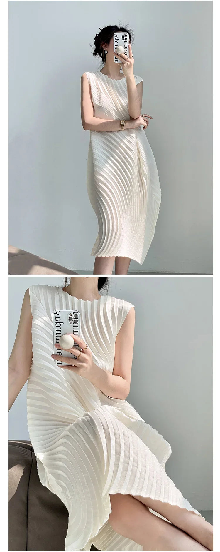 Miyake Hand Circle Pleated Sleeveless Dress Designer Long Round Neck Elegant Loose Summer Korean Style Aesthetic Clothes