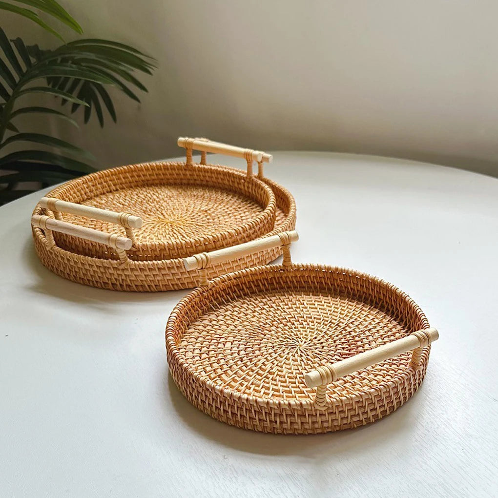 1PC Woven Rattan Storage Basket with Strap Handle round Tray for Bread Snacks Fruits Picnic - Home Organization Basket
