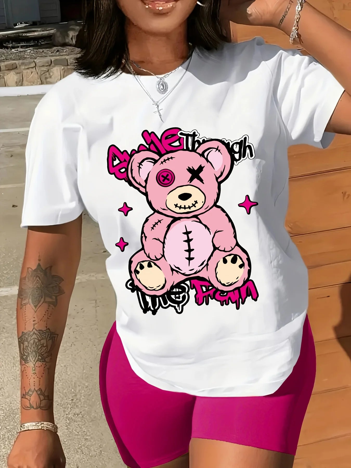 Bear Print Crew Neck T-Shirt Casual Short Sleeve T-Shirt for Spring & Summer Women's Clothing Aesthetic Clothes