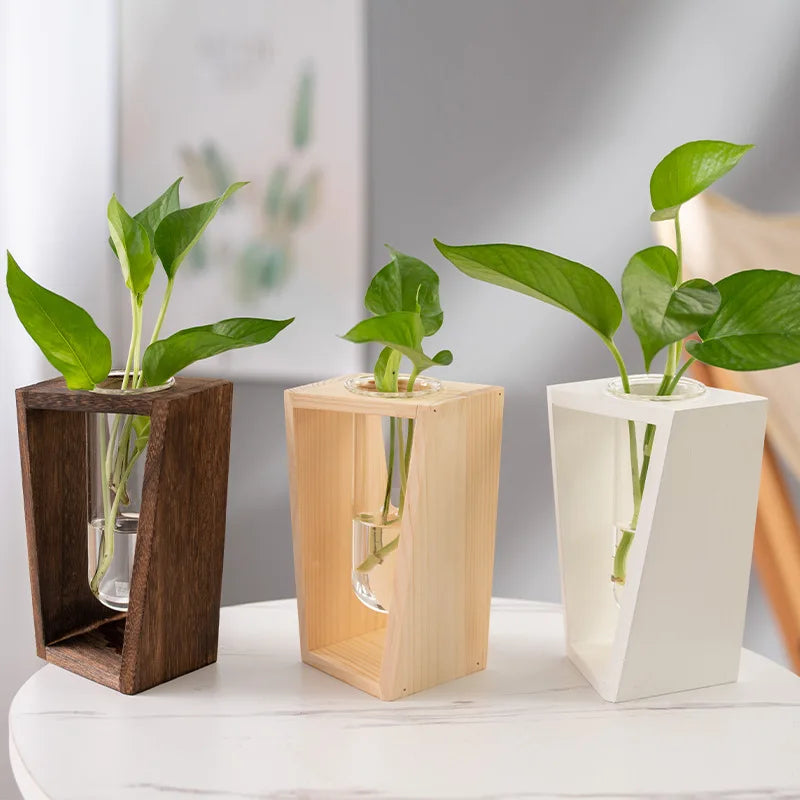Nordic Wooden Test Tube Glass Vase Hydroponic Flower Arrangement Decorative Vase Ornaments Dry Flower Container for Home Office