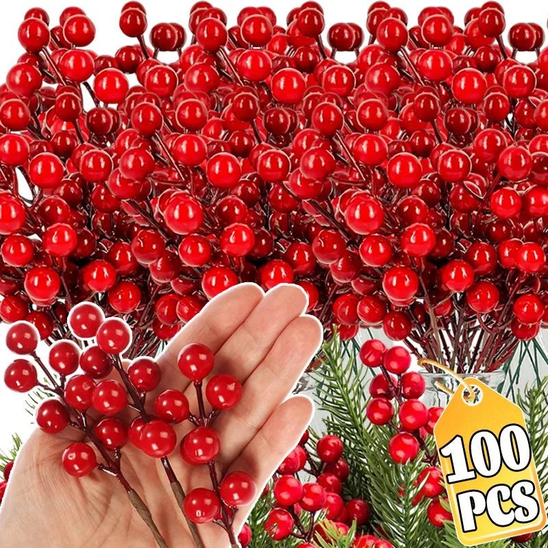 100/1pc Artificial Red Berry Stems Christmas Tree Holly Berries Branches DIY Xmas Wreath Table Ornaments New Year Party Decor