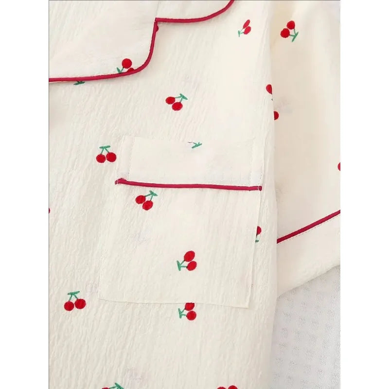 Four Seasons Women Nightwear Cherry Print Cardigan Loungewear Short Sleeve Shorts Girl Sweet Korean Fashion Pajamas Homewear