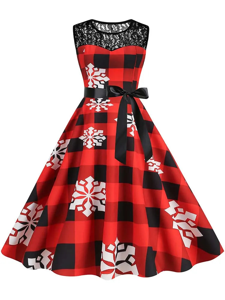 Christmas Dress Women Vintage 50s Lace Sleeveless Print Party A Line Santa Claus Sundress Runway Midi Pinup Flare Dresses