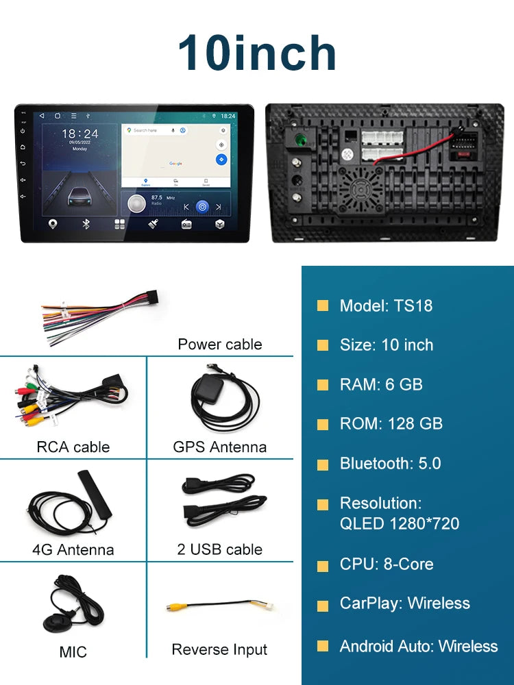 1DIN android 13 TS18 QLED 1280 Car Radio 9/10inch Universal Host Player Navigation Video Multimedia For lada hyundai Suzuki Ford