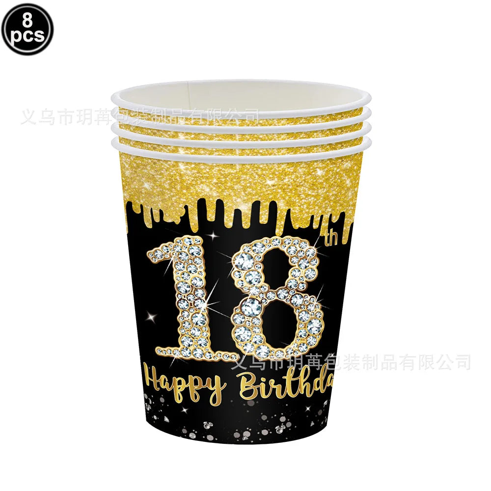 18th Birthday Decors for Boys Girls Black Gold Party Banner Balloon Tablecloth Plate Cup Napkin 18 Years Birthday Party Supplies