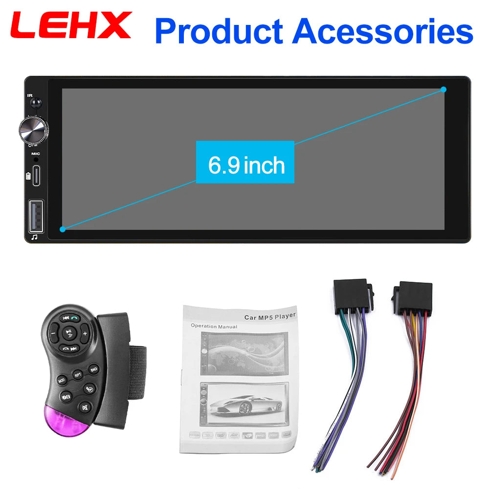 LEHX 6.9 Inch 1DIN Universal MP5 Car Radio Support Wireless Carplay Android AUTO AUX IPS Touch Screen Multimedia Video Player