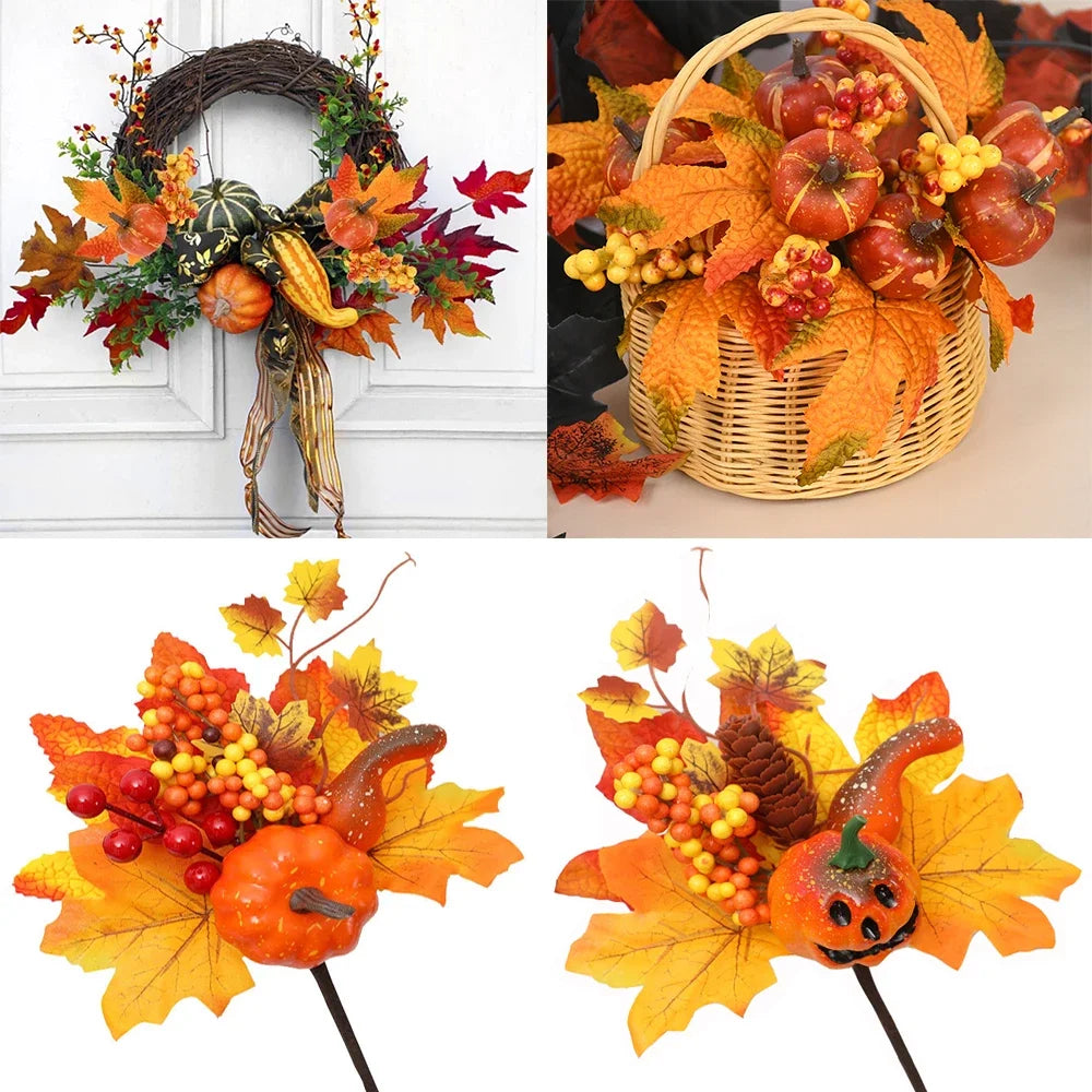 Artificial Maple Leaf Pumpkin Berry Branches Autumn Harvest Home Table Ornament DIY Thanksgiving Halloween Party Decorations