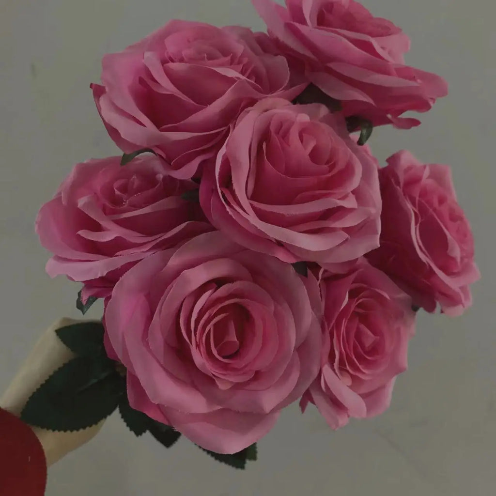 9Heads Roses Bouquet Artificial Flower Hot Pink Deep Pink Rose Fake Rose Living Room Dry Flower Decoration Wedding