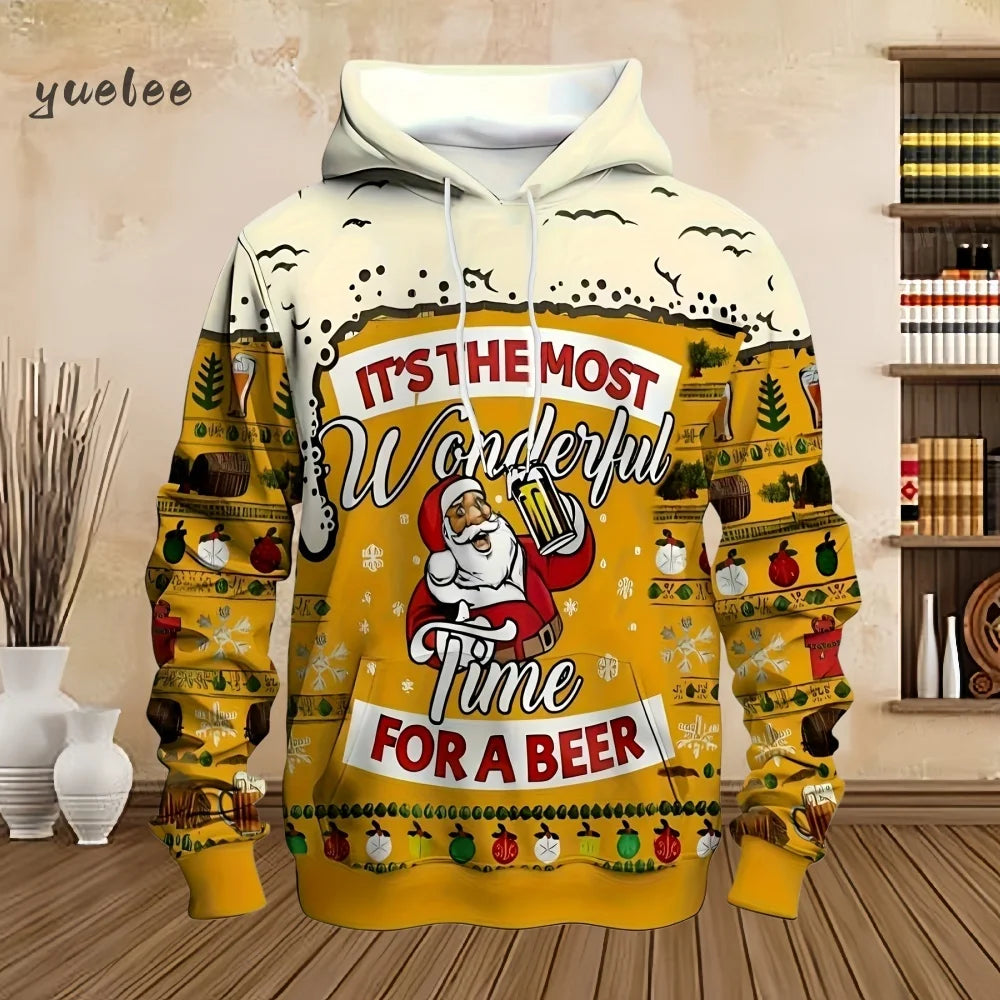 Men's Christmas Beer Hooded Sweater Christmas Party Long Sleeve with Drawstring Hoodies Comfortable Oversize Sweatshirt for Men