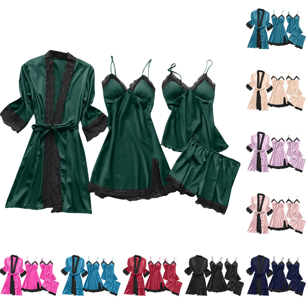 4-Piece Set Ladies' Sleepwear Sexy Sleepwear Women Suspender With Chest Cushion Nightgown Bathrobe Home Wear Women'S Pajamas