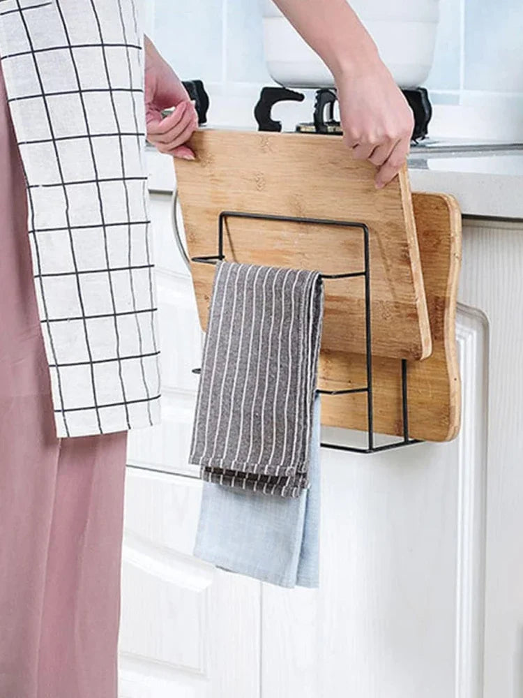 Cutting Board Kitchen Shelf, Double-Layer Perforation-Free Cabinet Hanger, Rag, Cutting Board Storage And Finishing Iron Hanger