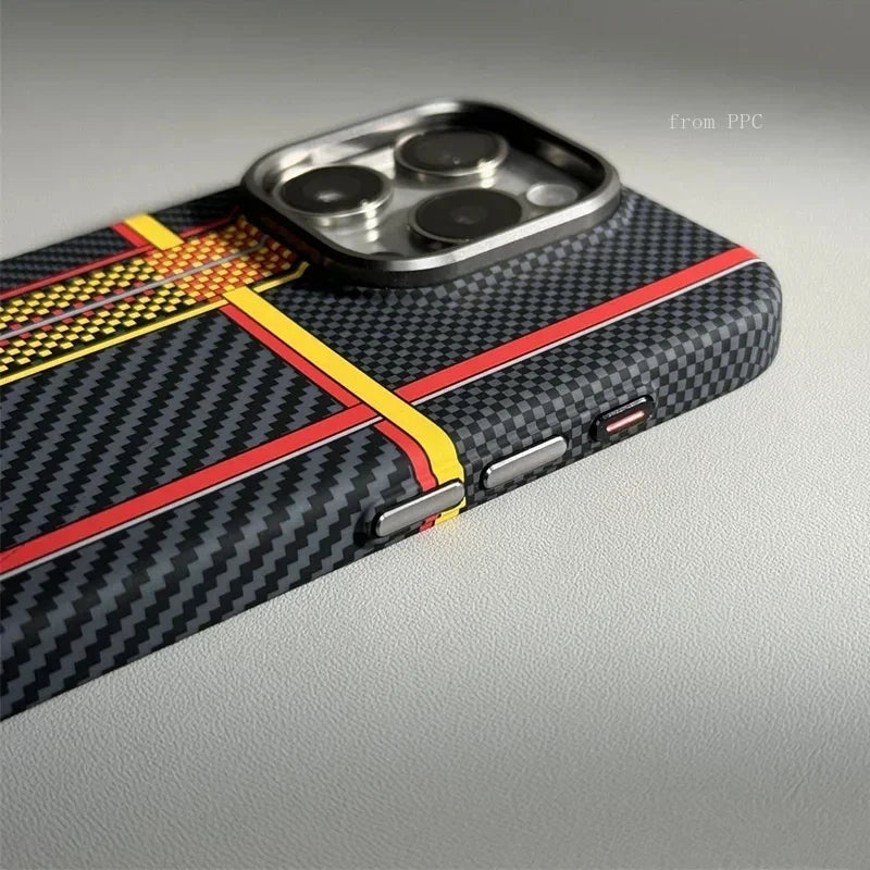 For iPhone 16 15 14 Pro Max Case Carbon Fiber Abstract Geometric MagSafe Cover Magnetic Charging Shell Camera Alloy Armor Fundas