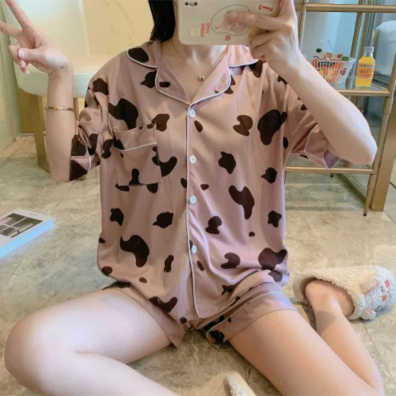 Women's Sleepwear Loungewear Set Short-Sleeved Shorts Pajamas Homewear Cardigan Lapel Leopard Print Sweet Cartoon Nightwear