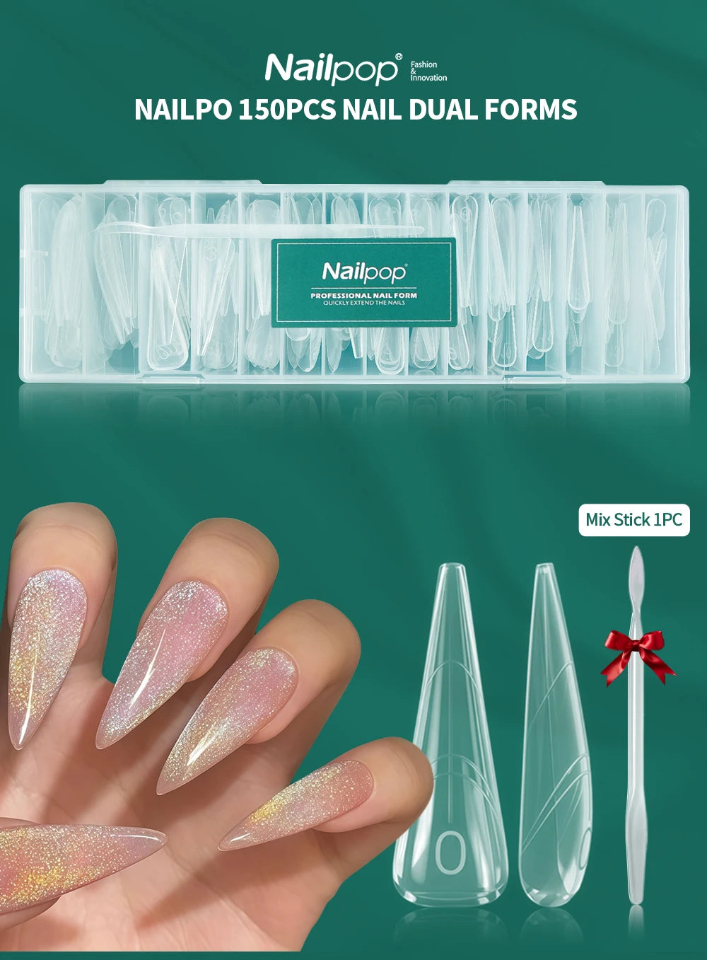 Nailpop 150PCS Clear Dual Nail Forms 15 Sizes Triangle Tip Extension Molds for Acrylic Gel Builder Reusable Shaping Art DIY