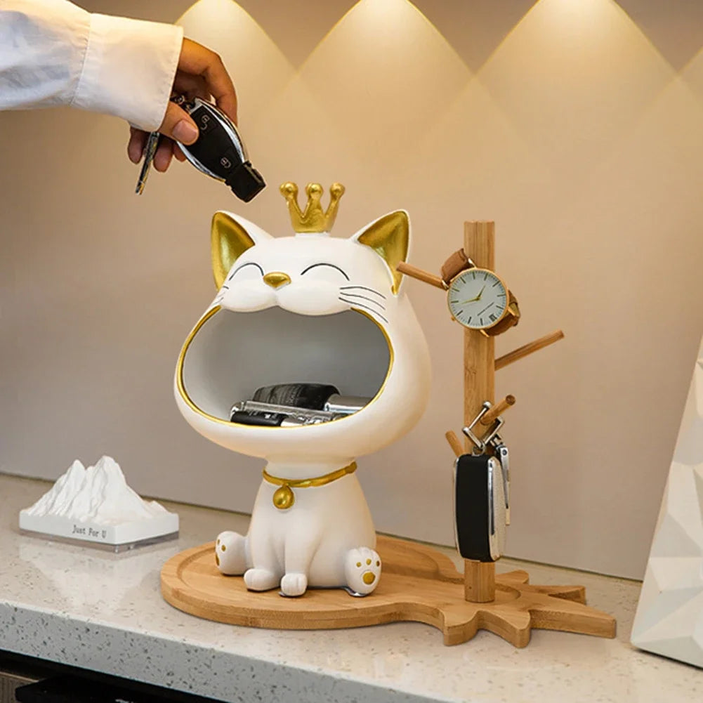 2024 NEW Fortune Crown Big Mouth Cat Entrance Key Storage Tray Decorative Ornament, Light Luxury Housewarming Gift Sculpture