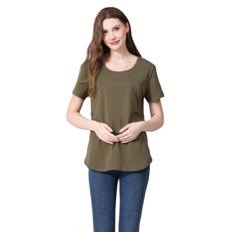 Emotion Moms New Women Maternel T-Shirt Short Sleeve Stretch Cotton Tops Zipper Breastfeeding Loose Pregnant Clothes Big Size