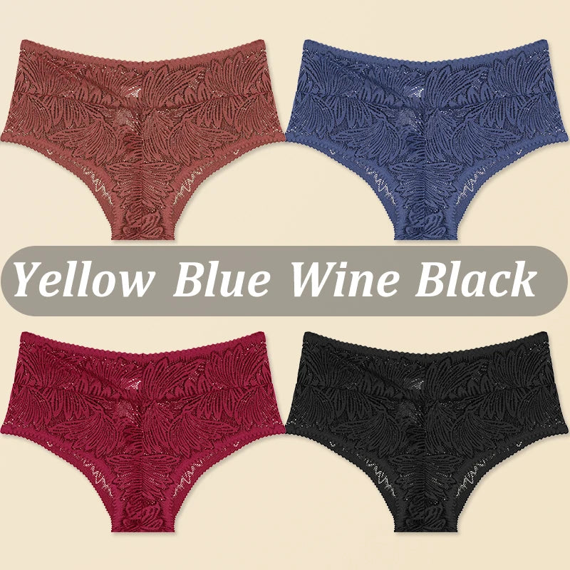 4PCS/Set Women Floral Lace Thongs Sexy Perspective G-String Mid Waist T-back Female Breathable Intimates Brazilian Underwears