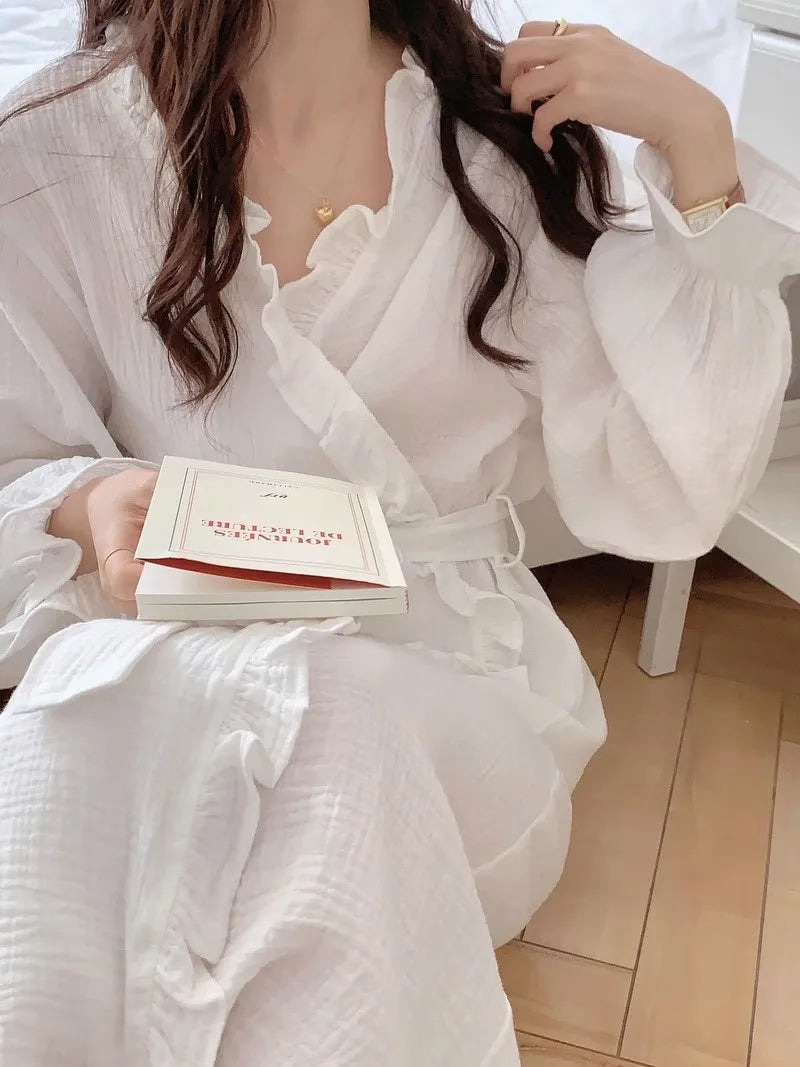 Women's Spring and Summer New Simple Long-Sleeved Robe Girls Sweet Ins Wind Ruffled Thin Section of Solid Color Pajamas Home Wea