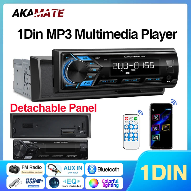 AKAMATE Car Radio MP3 Multimedia Player Audio FM Radio Support Phone Charging Bluetooth EQ AUX USB Detachable Panel 1Din Radio