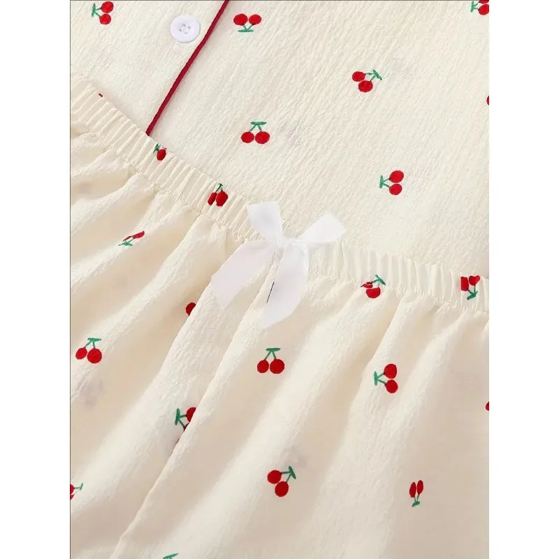 Four Seasons Women Nightwear Cherry Print Cardigan Loungewear Short Sleeve Shorts Girl Sweet Korean Fashion Pajamas Homewear