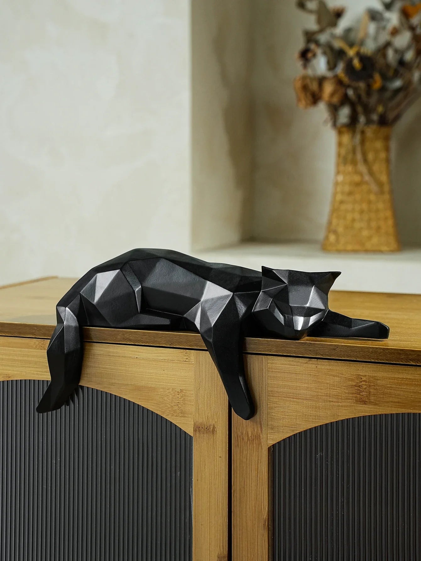 Black White Cat Statue - Geometric Modern Room Decor Figurine Sculpture for Home Office as Table Shelf Desk Decor  Lying Cat