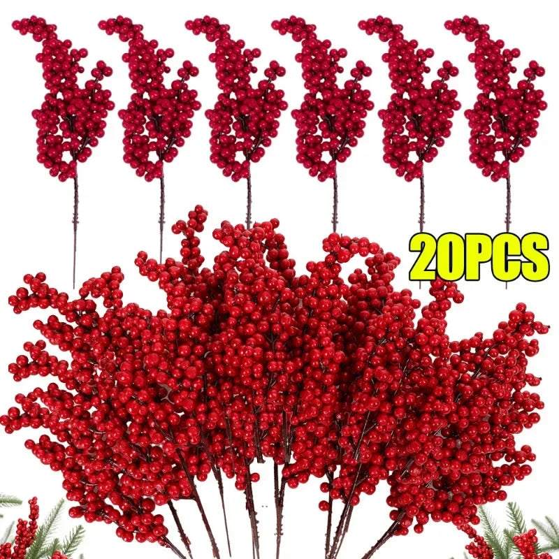 1/20PCS Artificial Berries Christmas Decoration Red Berry Branches for Xmas Tree Party Home Table Ornaments Fruit Wreath Decor